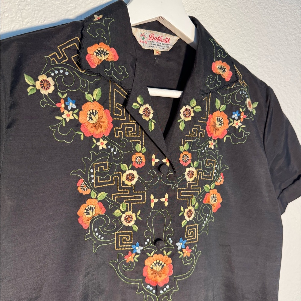 Women’s Vintage Floral Embroidered Black Button- Front Top by Daffodil - Picture 3 of 12